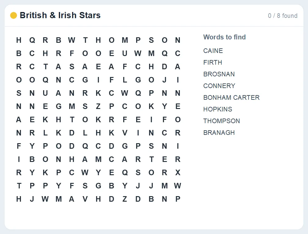 Preview of the British & Irish Stars word search puzzle