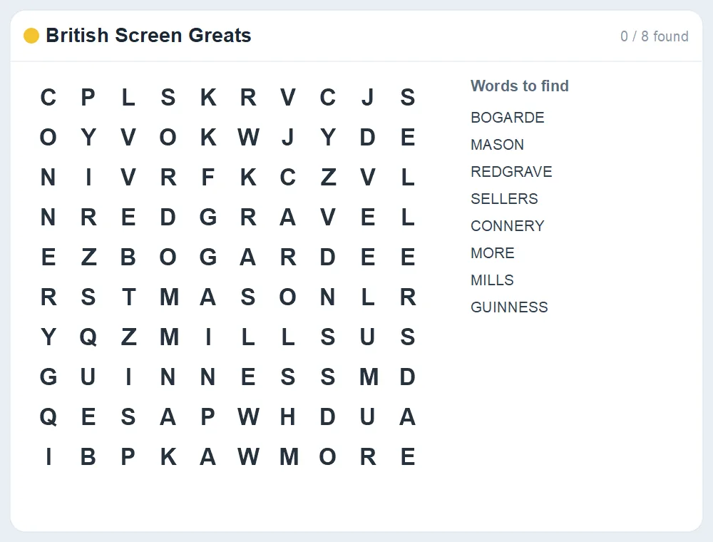 Preview of the British Screen Greats word search puzzle