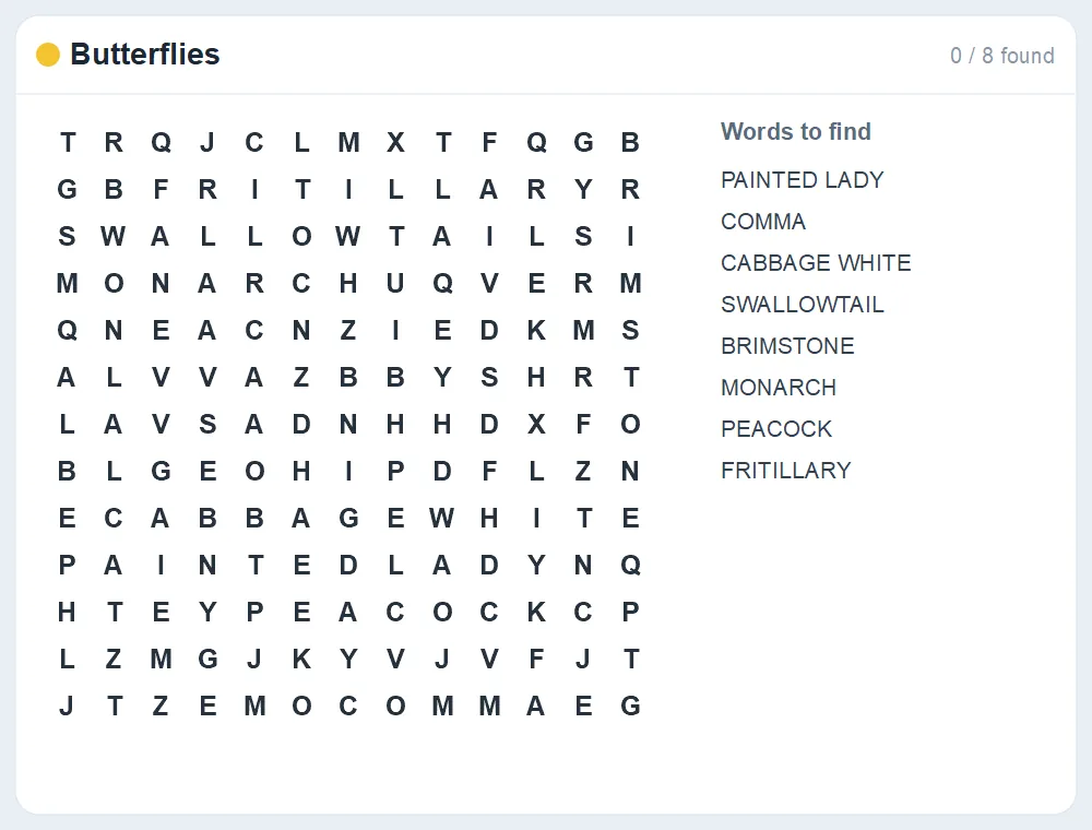 Preview of the Butterflies word search puzzle