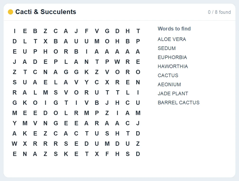 Preview of the Cacti & Succulents word search puzzle