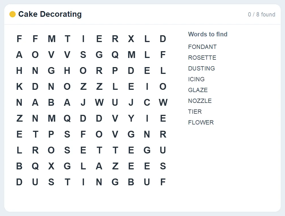 Preview of the Cake Decorating word search puzzle