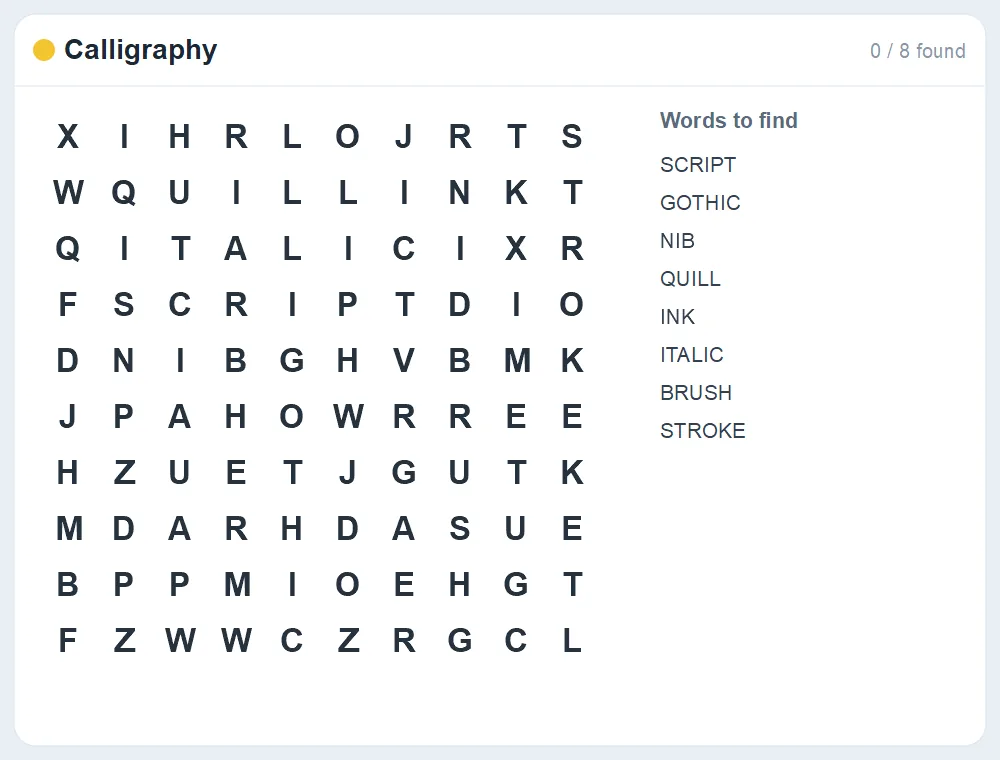 Preview of the Calligraphy word search puzzle