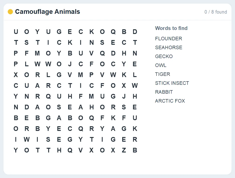 Preview of the Camouflage Animals word search puzzle