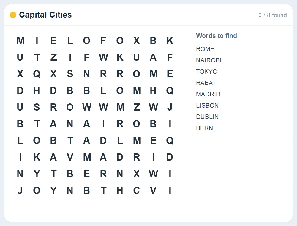 Preview of the Capital Cities word search puzzle