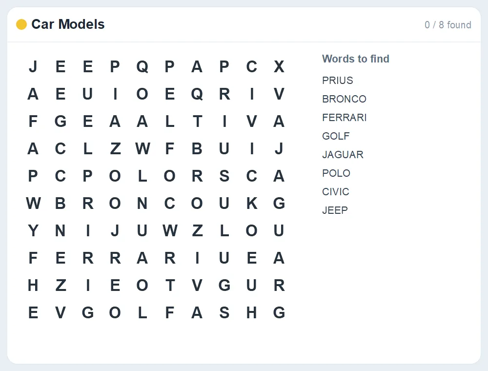 Preview of the Car Models word search puzzle