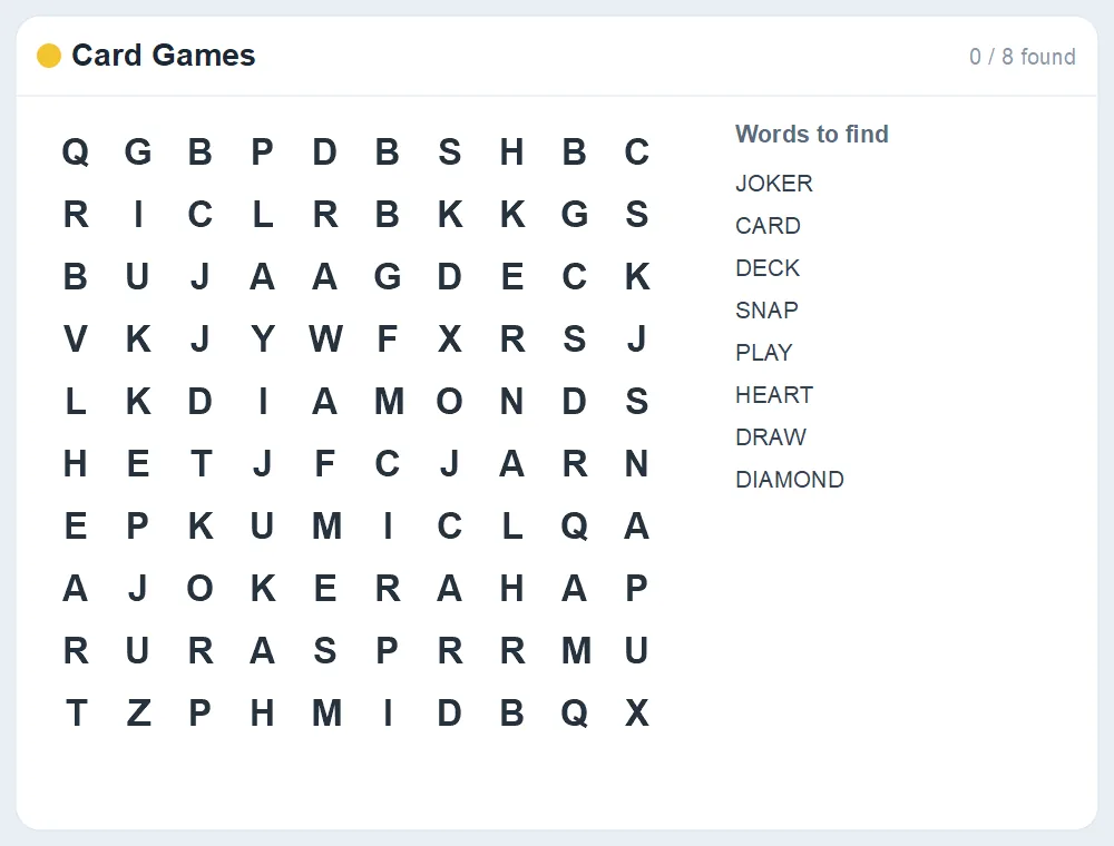 Preview of the Card Games word search puzzle