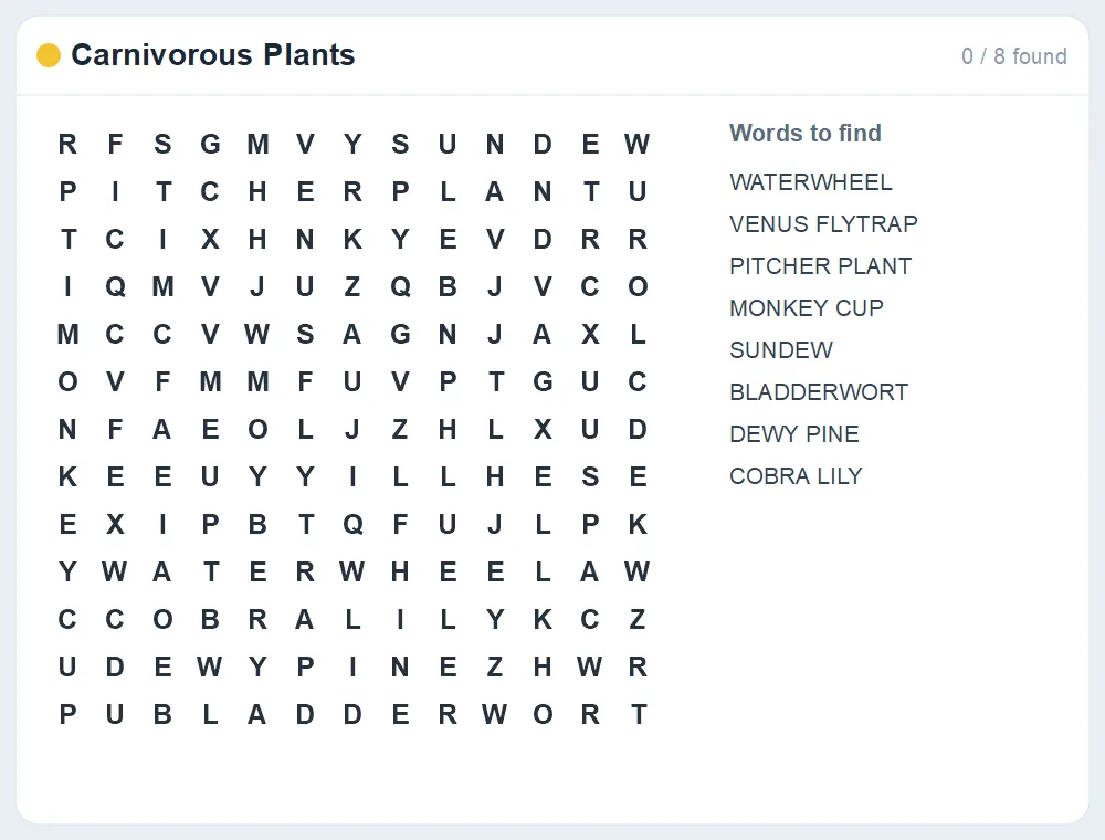 Preview of the Carnivorous Plants word search puzzle
