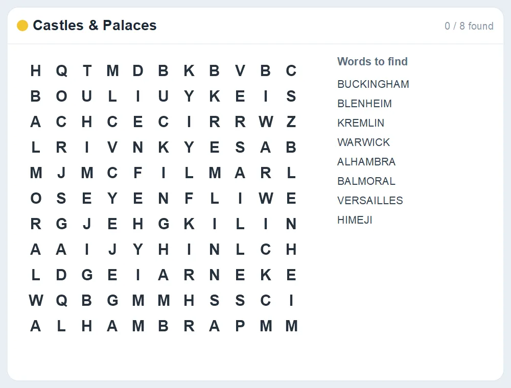 Preview of the Castles & Palaces word search puzzle