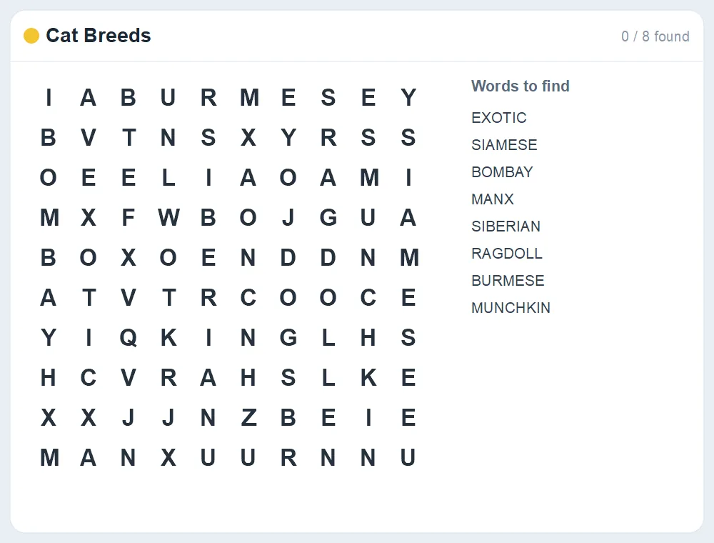 Preview of the Cat Breeds word search puzzle