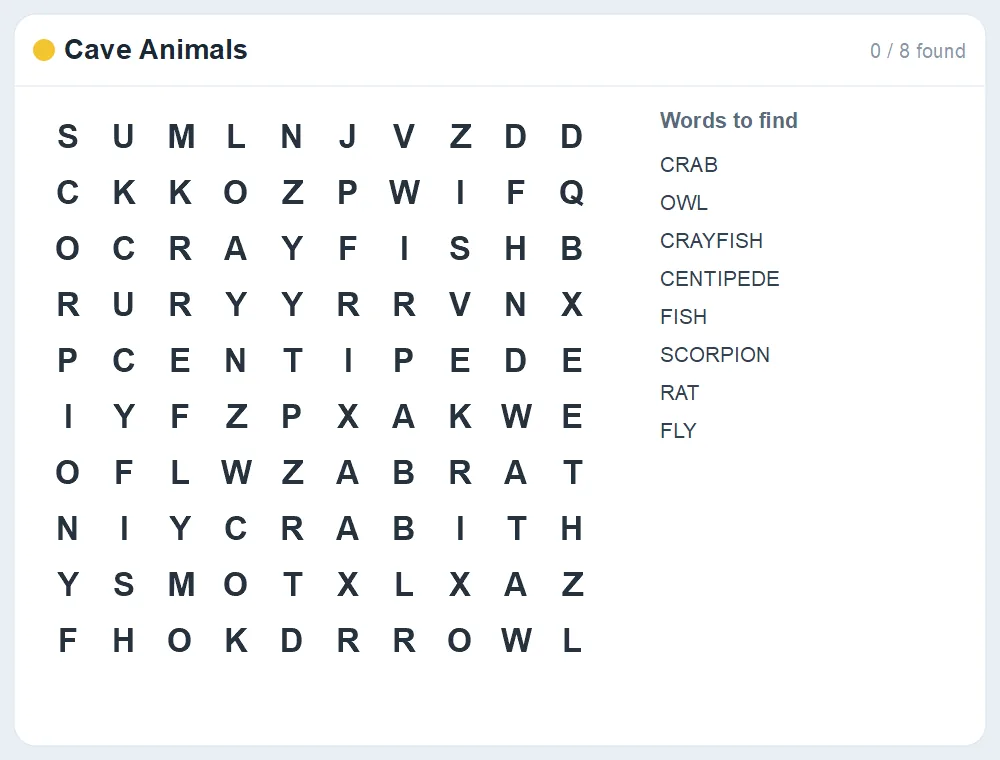 Preview of the Cave Animals word search puzzle