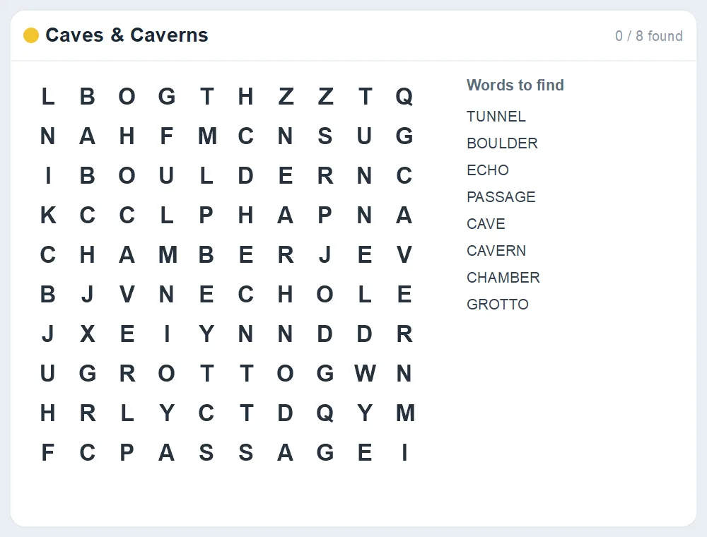 Preview of the Caves & Caverns word search puzzle