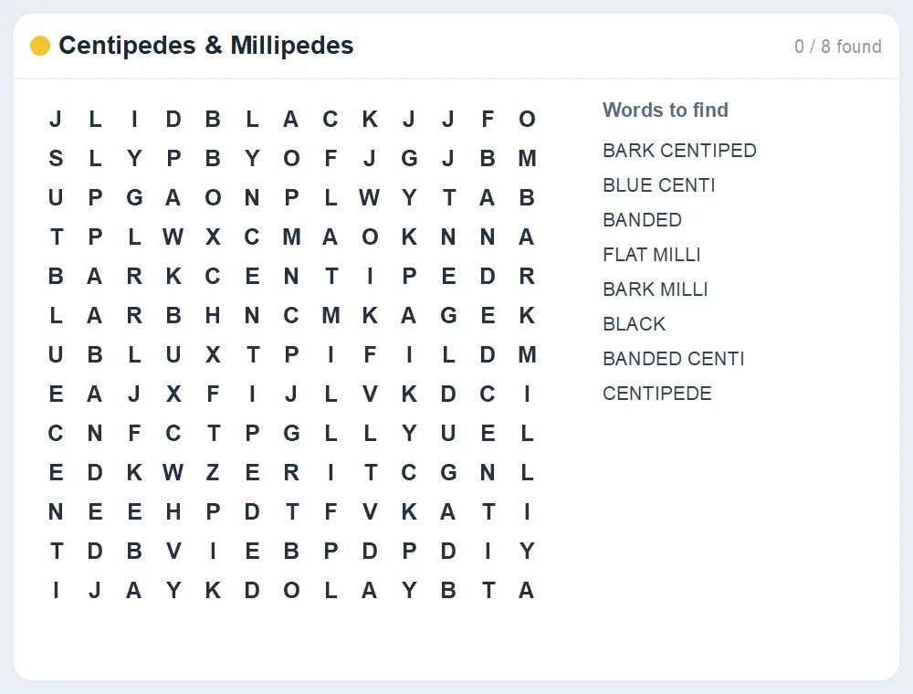 Preview of the Centipedes & Millipedes word search puzzle