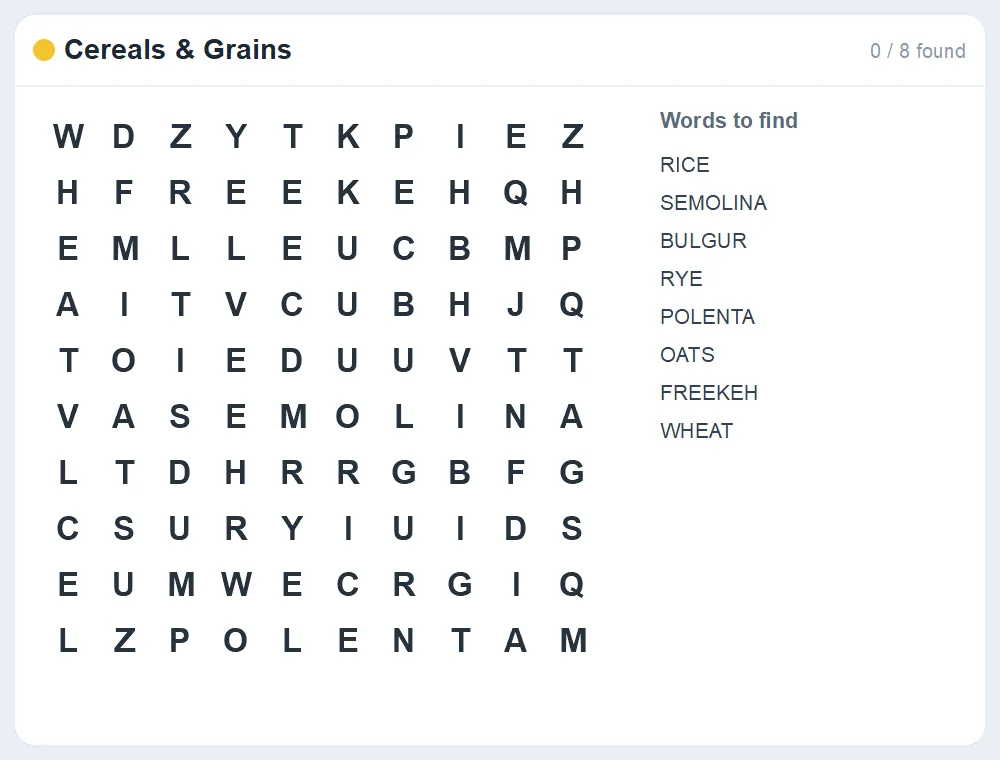 Preview of the Cereals & Grains word search puzzle