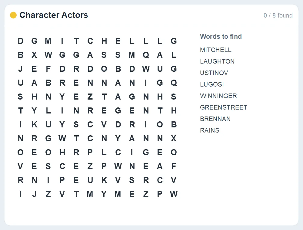 Preview of the Character Actors word search puzzle