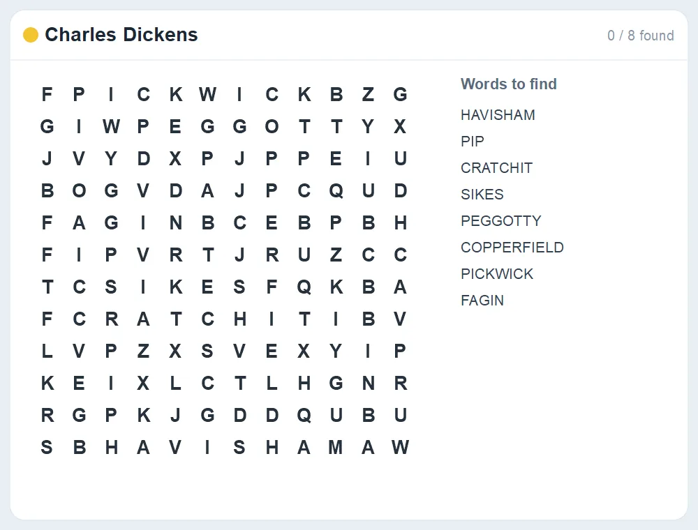 Preview of the Charles Dickens word search puzzle