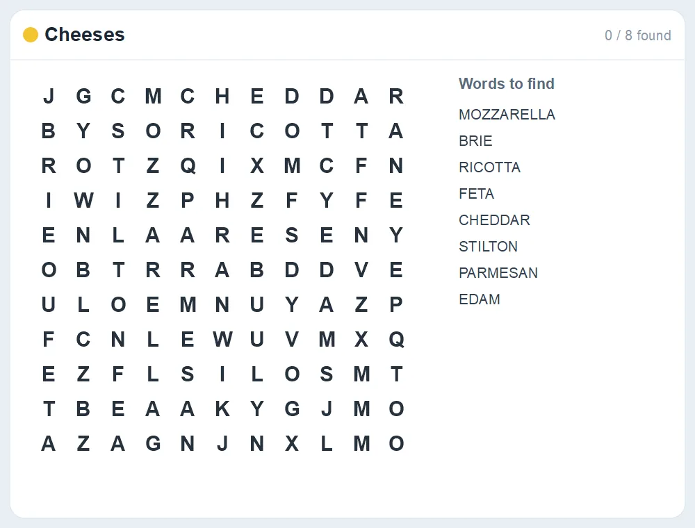 Preview of the Cheeses word search puzzle