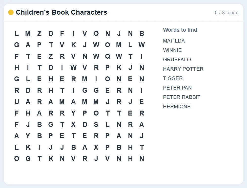 Preview of the Children's Book Characters word search puzzle
