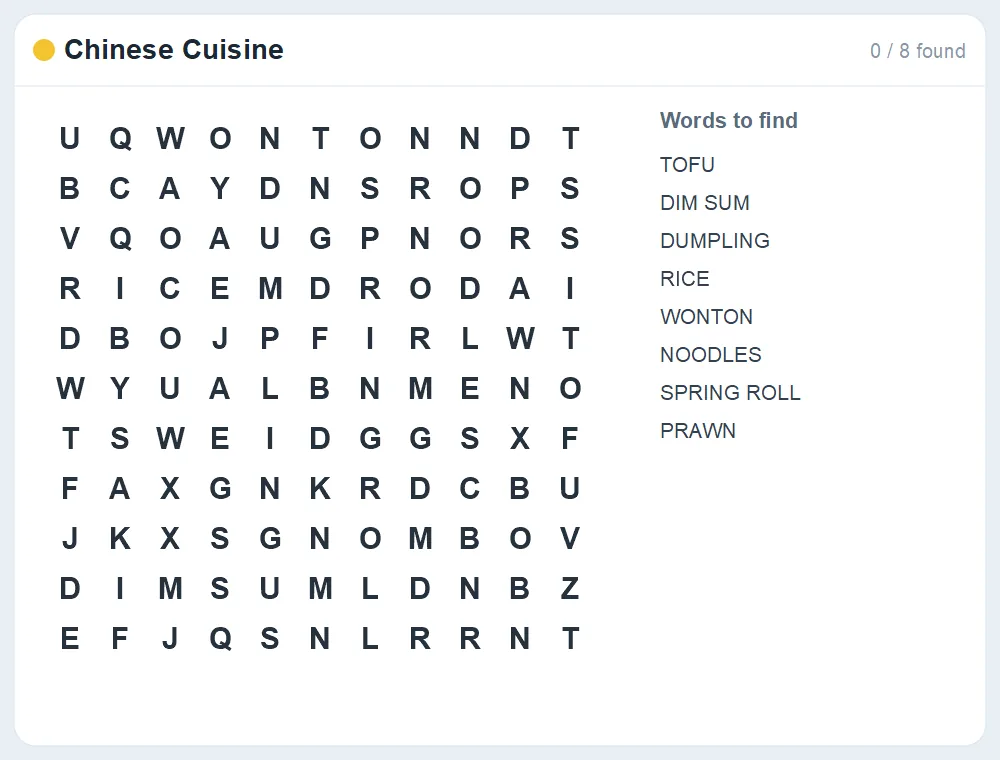 Preview of the Chinese Cuisine word search puzzle