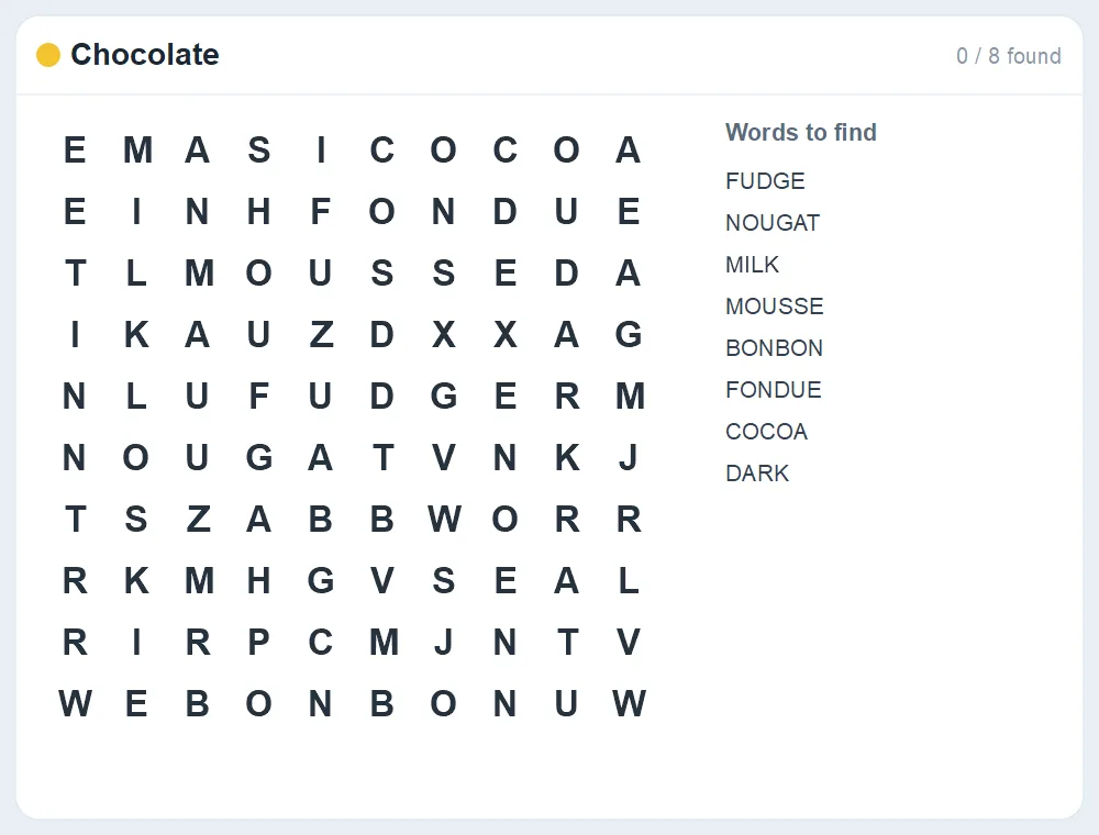 Preview of the Chocolate word search puzzle