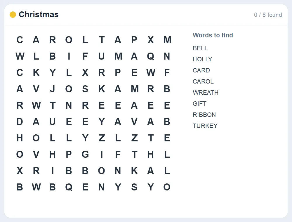 Preview of the Christmas word search puzzle