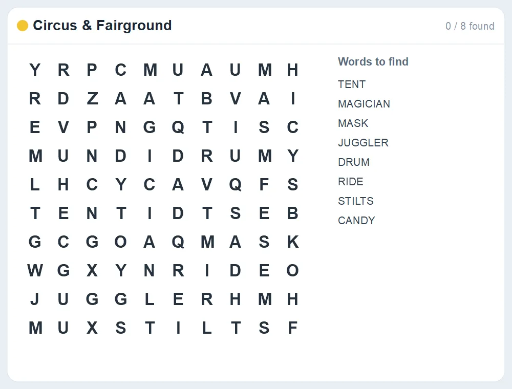 Preview of the Circus & Fairground word search puzzle