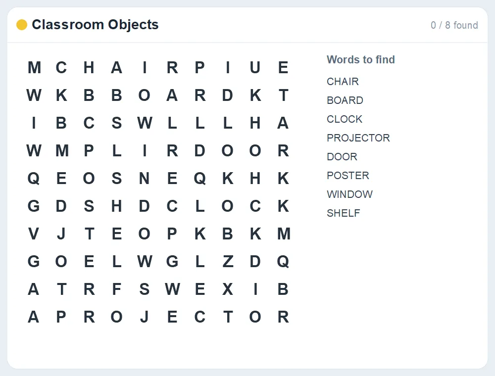 Preview of the Classroom Objects word search puzzle