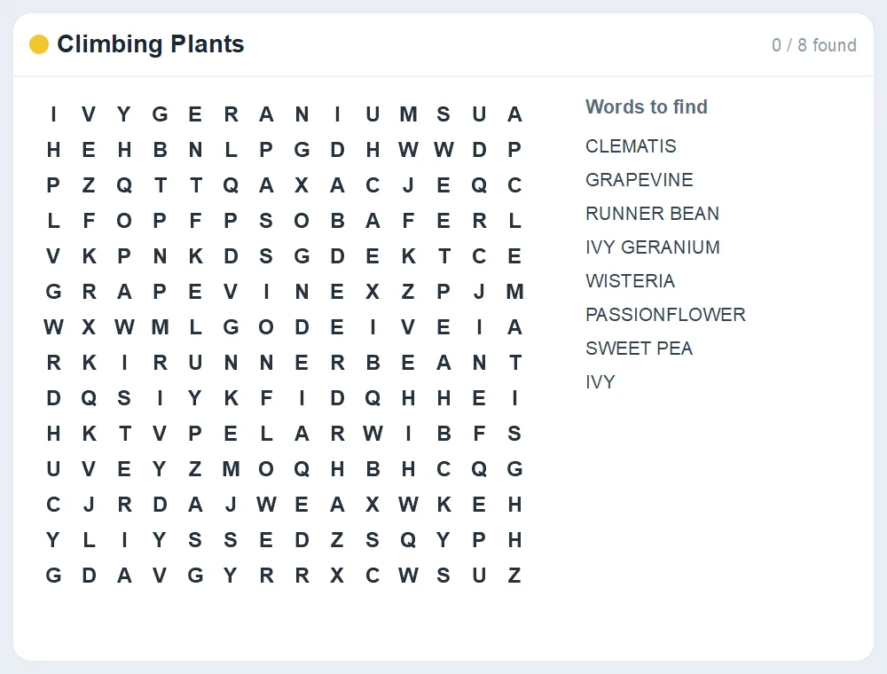 Preview of the Climbing Plants word search puzzle