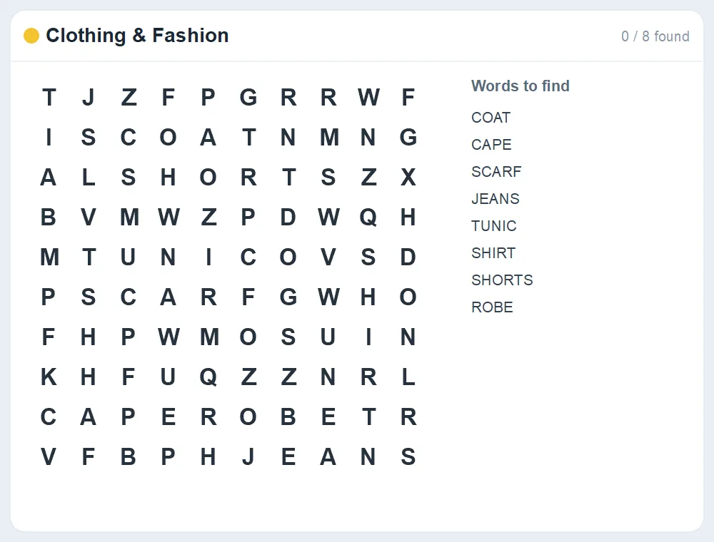 Preview of the Clothing & Fashion word search puzzle