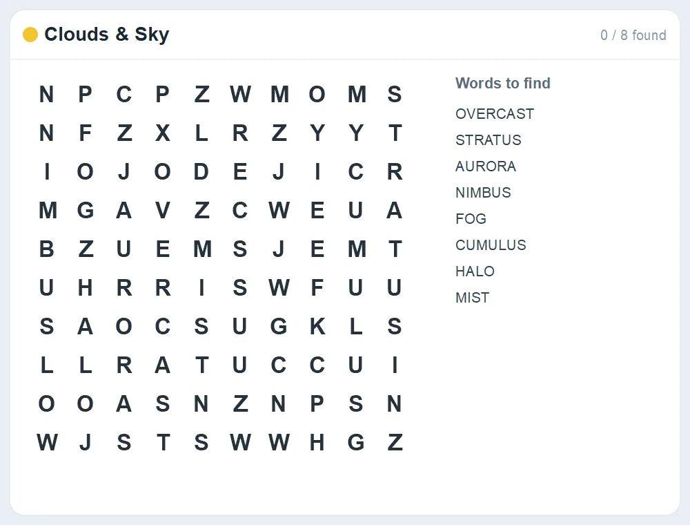 Preview of the Clouds & Sky word search puzzle