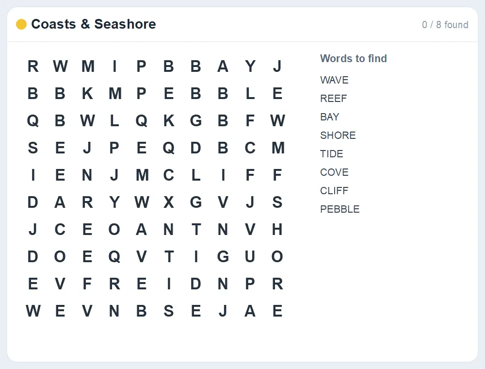 Preview of the Coasts & Seashore word search puzzle