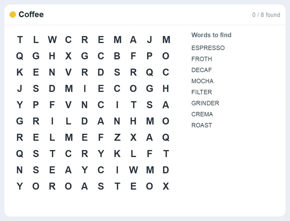 Preview of the Coffee word search puzzle