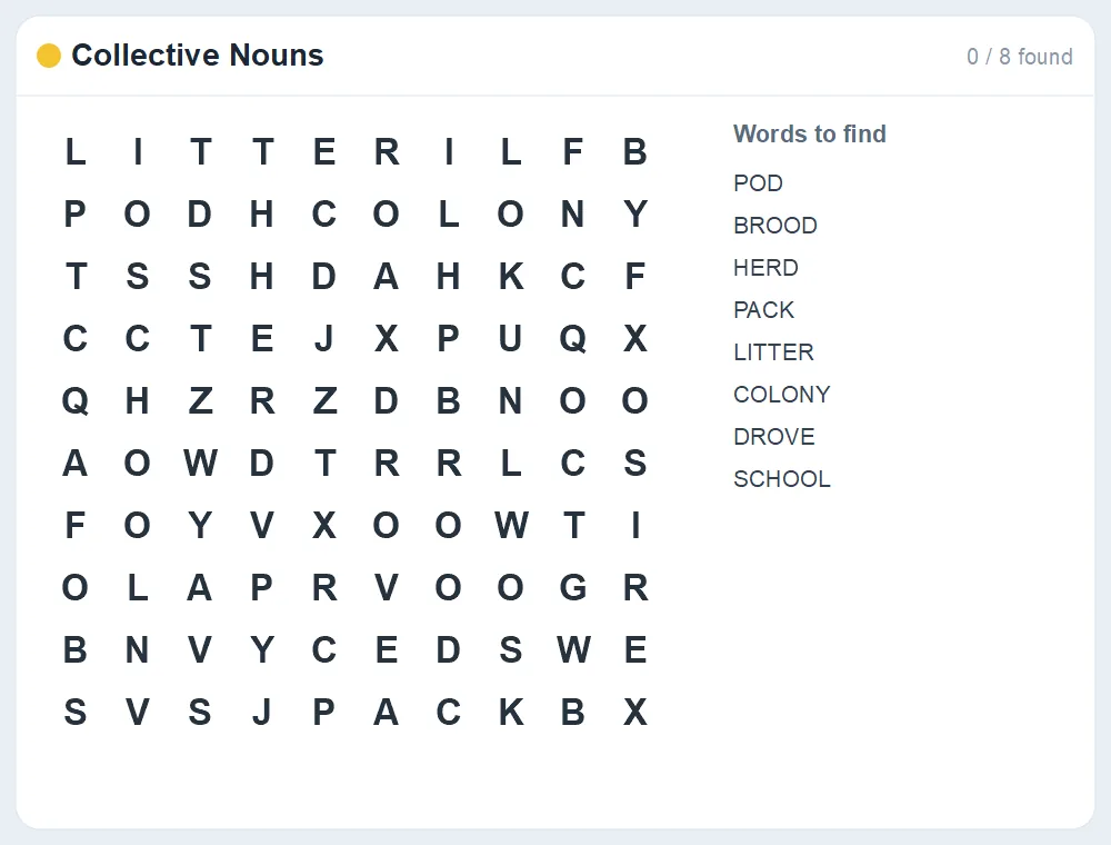 Preview of the Collective Nouns word search puzzle