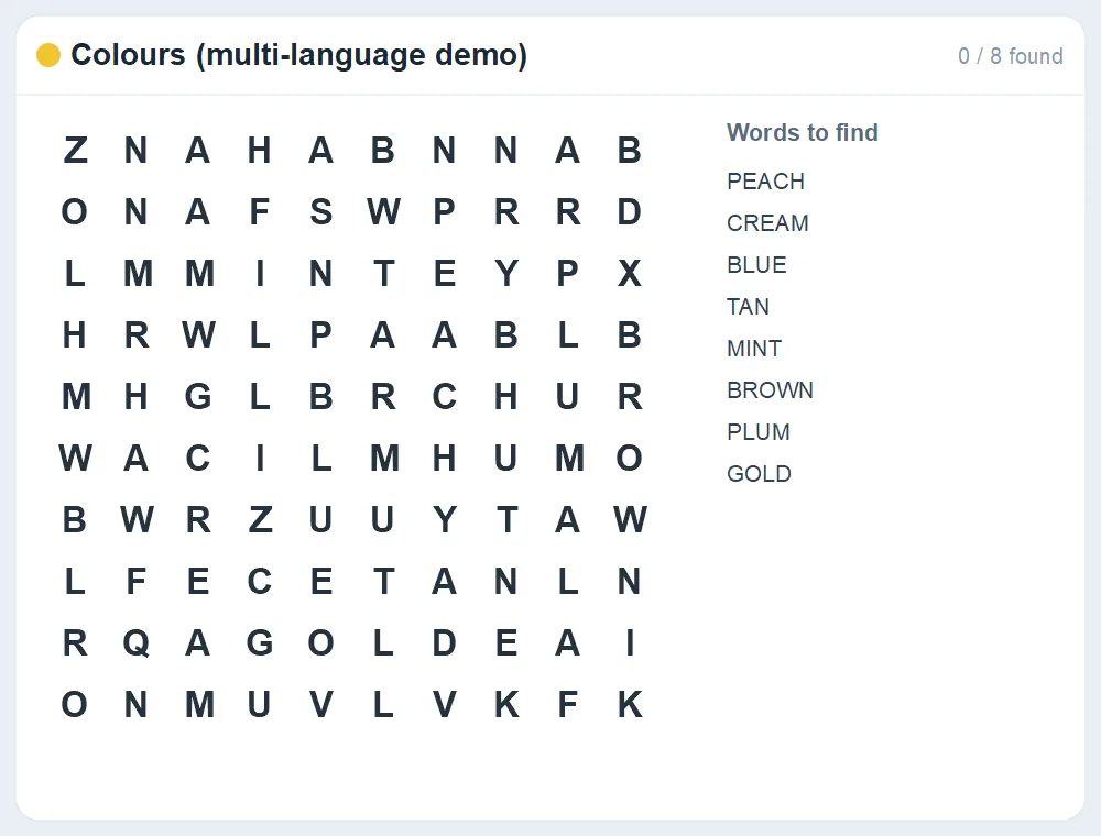 Preview of the Colours (multi-language demo) word search puzzle