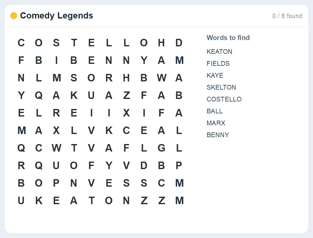 Preview of the Comedy Legends word search puzzle