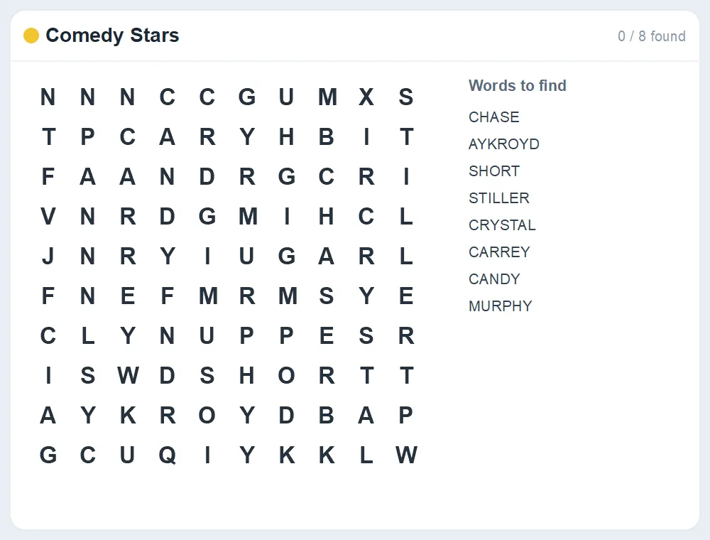 Preview of the Comedy Stars word search puzzle