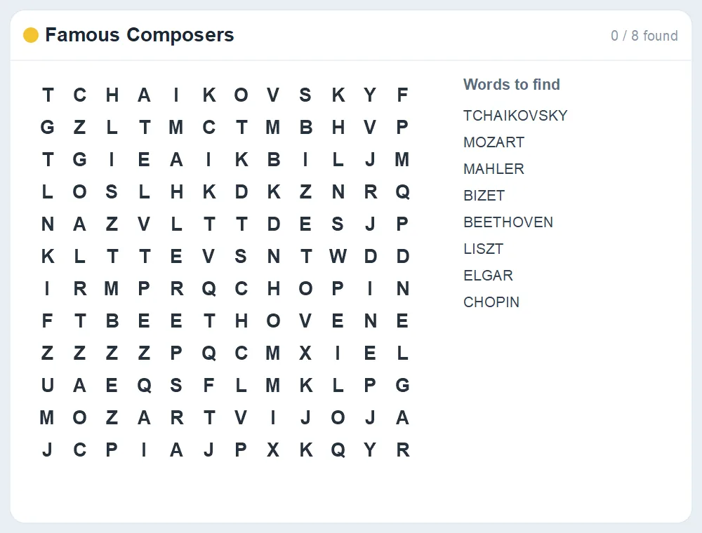 Preview of the Famous Composers word search puzzle