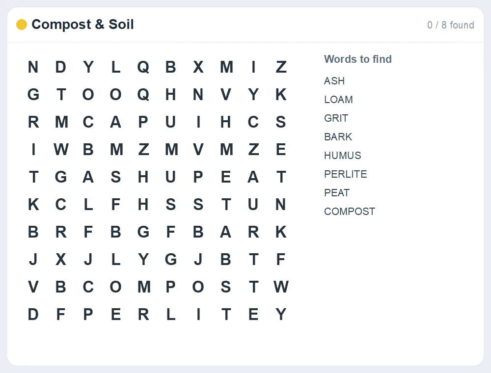 Preview of the Compost & Soil word search puzzle
