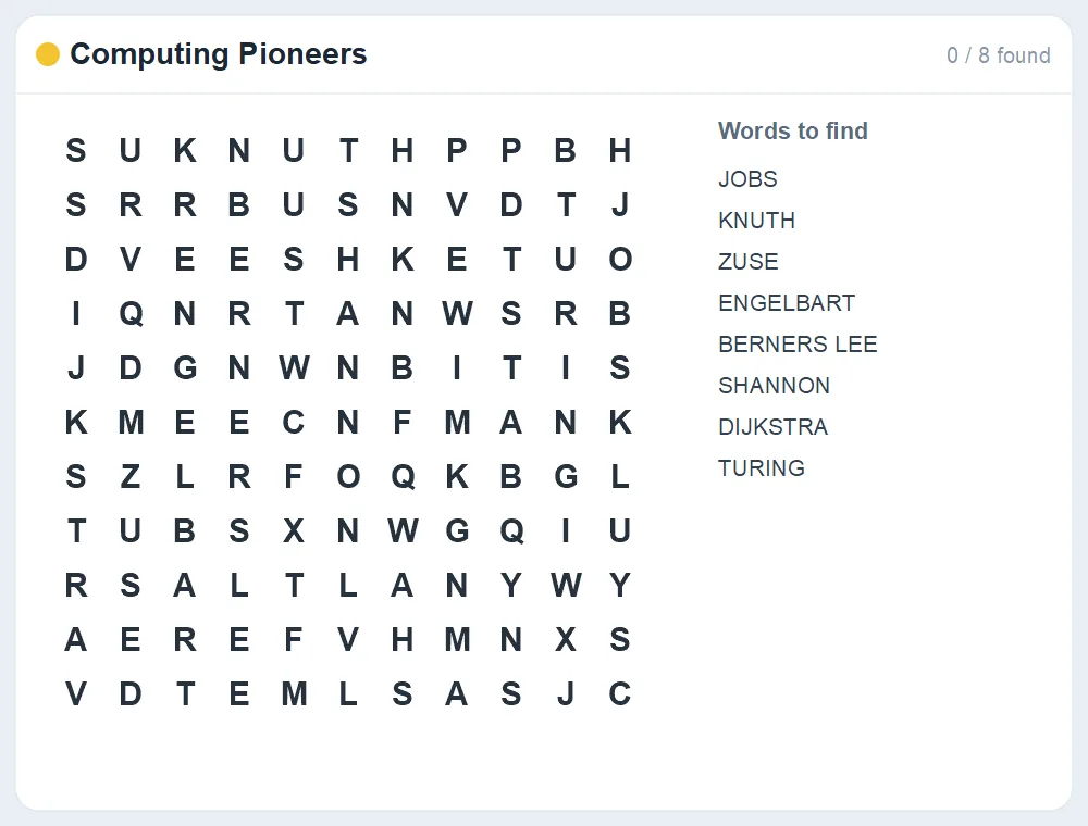 Preview of the Computing Pioneers word search puzzle
