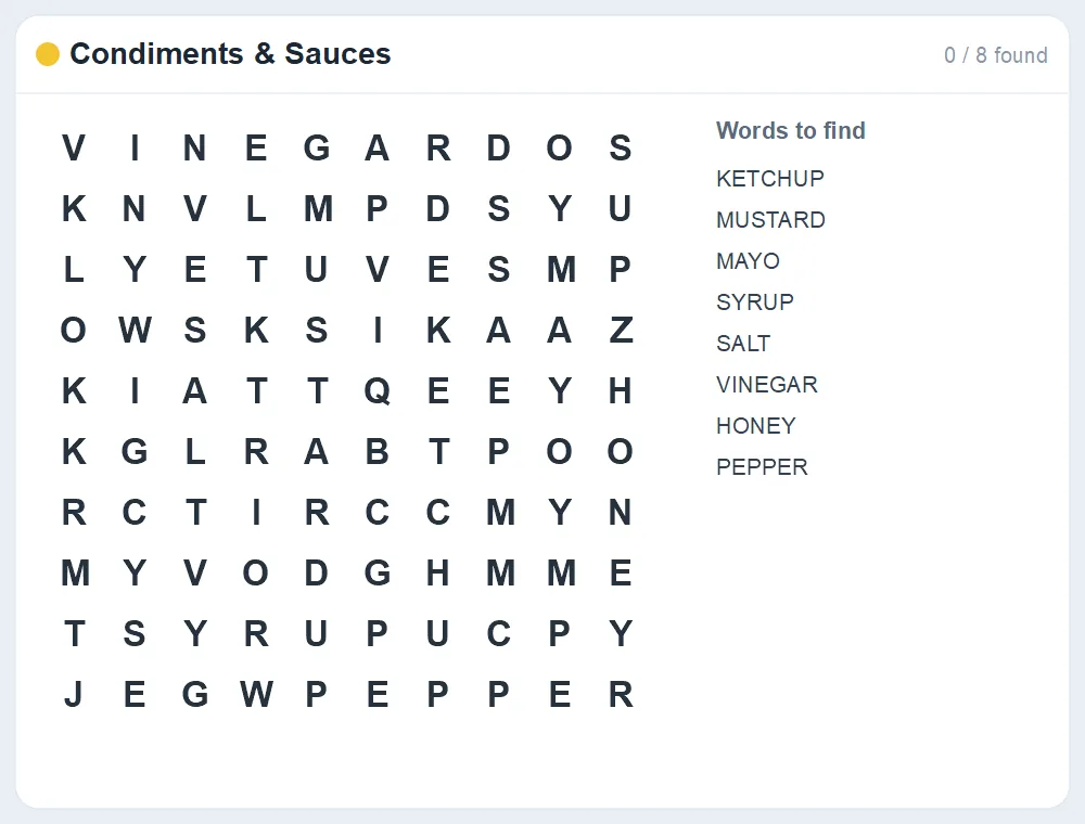 Preview of the Condiments & Sauces word search puzzle
