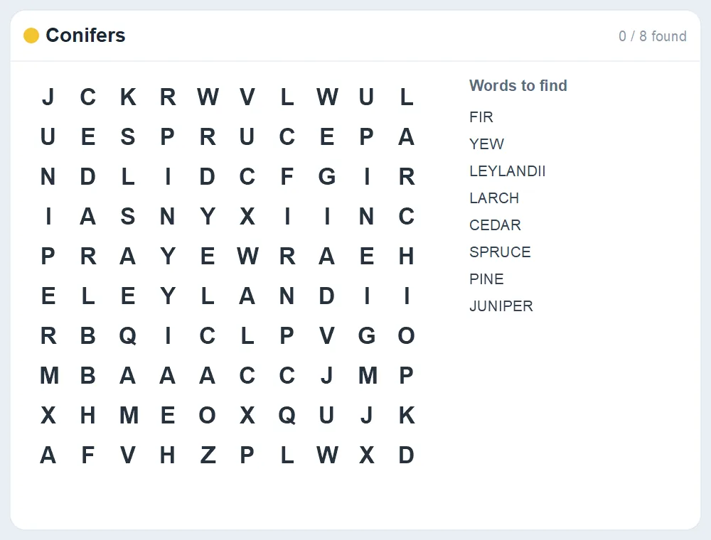 Preview of the Conifers word search puzzle
