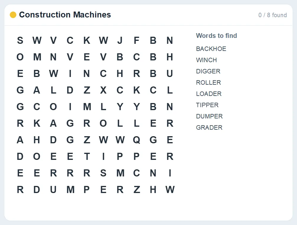 Preview of the Construction Machines word search puzzle