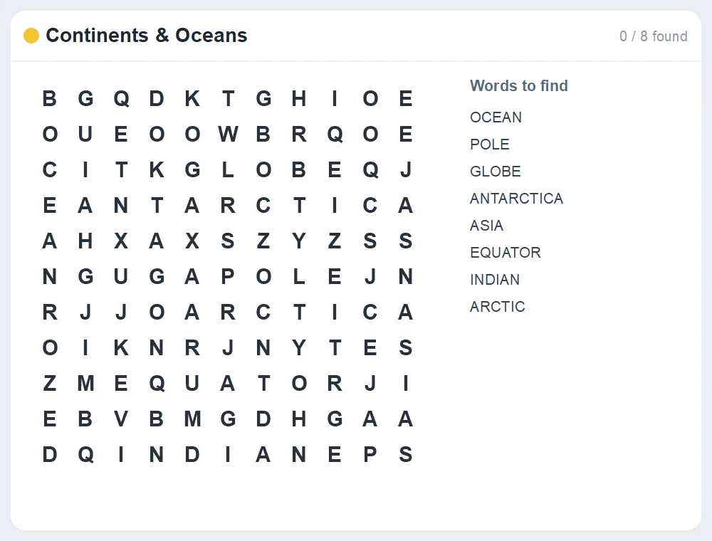Preview of the Continents & Oceans word search puzzle