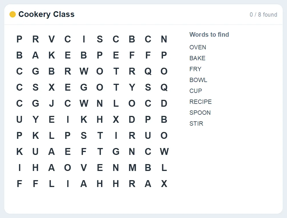 Preview of the Cookery Class word search puzzle