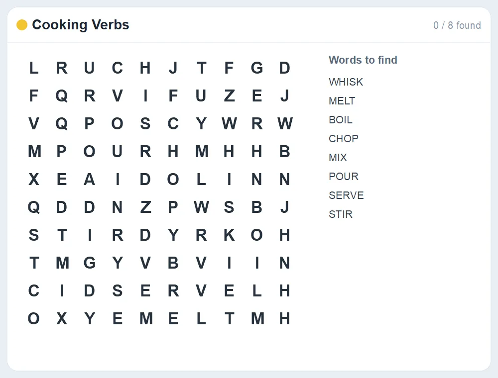 Preview of the Cooking Verbs word search puzzle