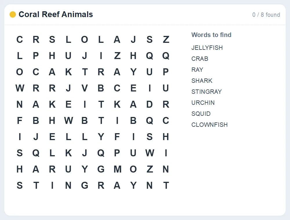 Preview of the Coral Reef Animals word search puzzle