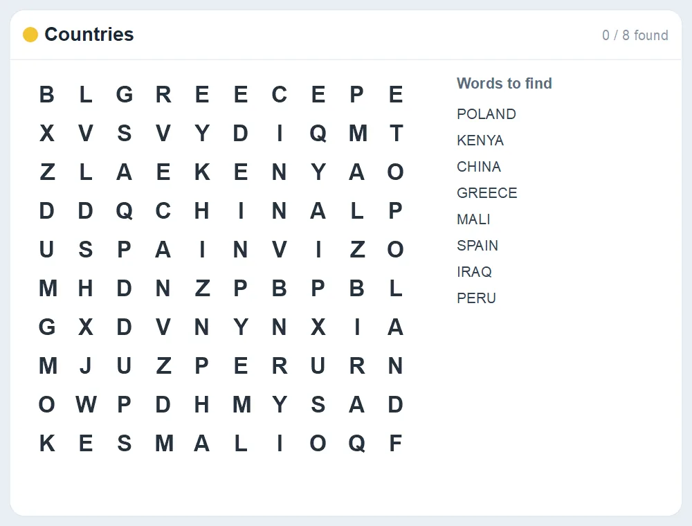 Preview of the Countries word search puzzle