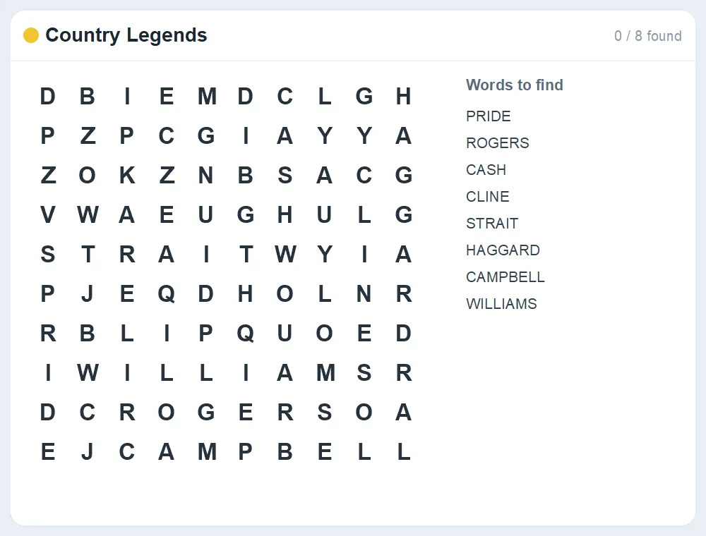 Preview of the Country Legends word search puzzle