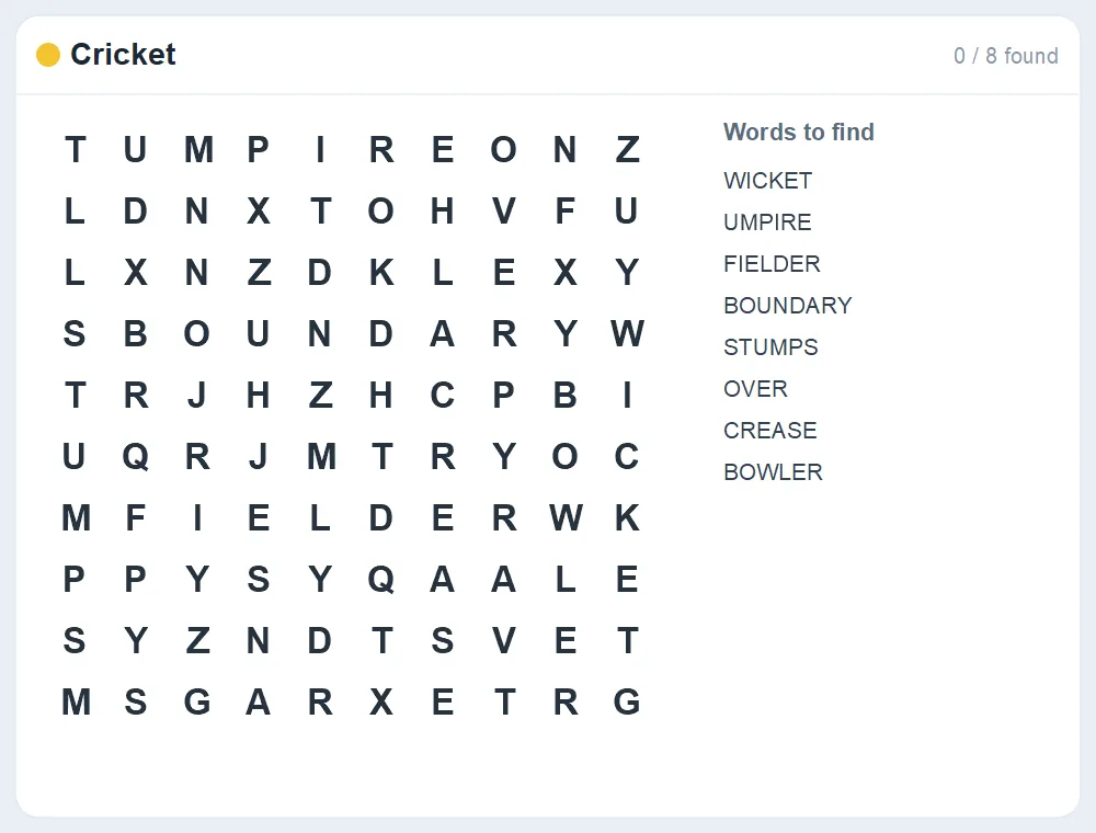 Preview of the Cricket word search puzzle