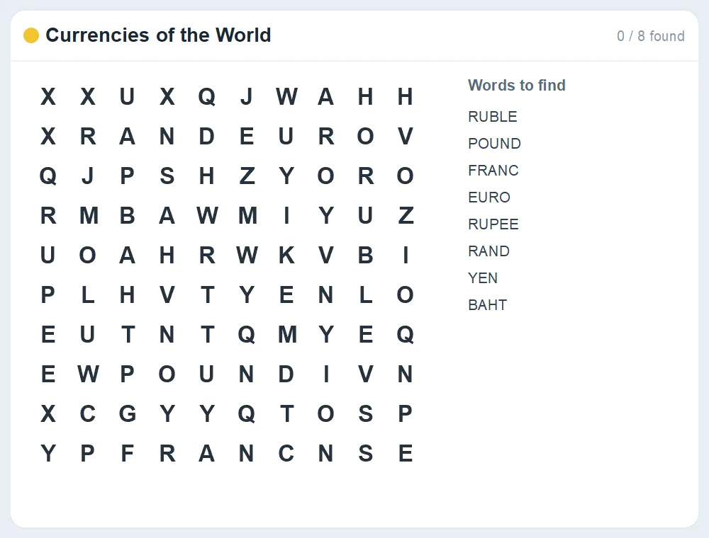 Preview of the Currencies of the World word search puzzle
