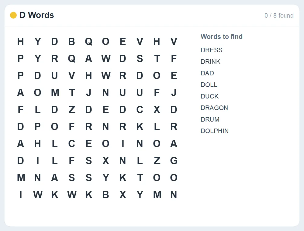 Preview of the D Words word search puzzle